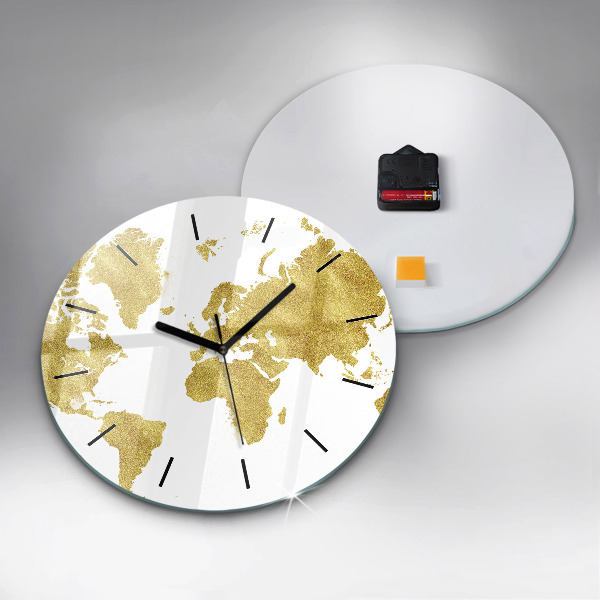Round glass wall clock Golden map of the world