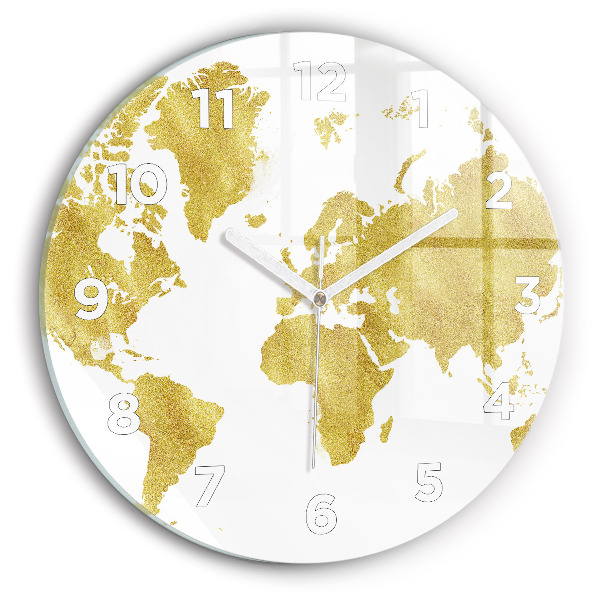 Round glass wall clock Golden map of the world