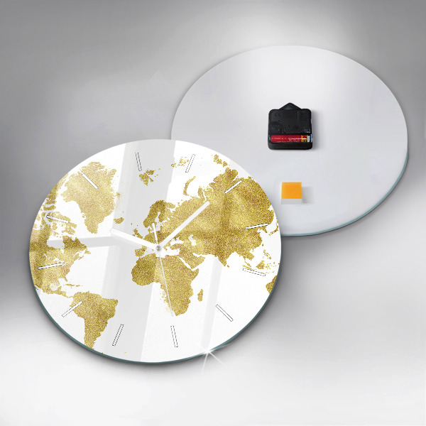 Round glass wall clock Golden map of the world