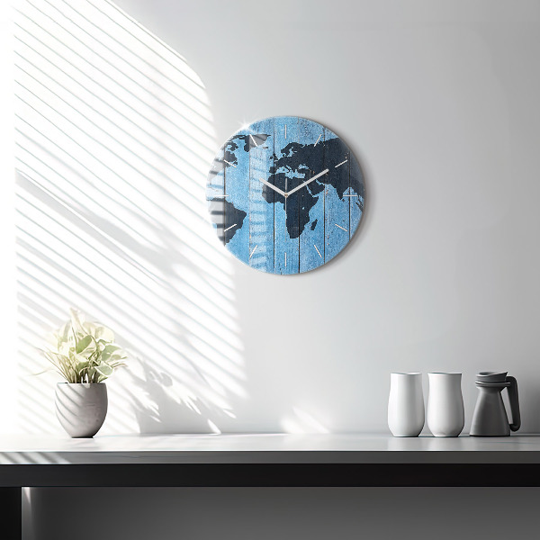 Round glass wall clock World map on boards