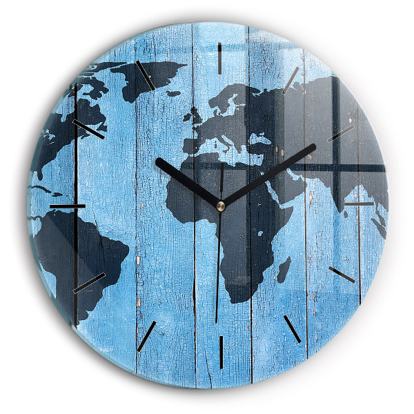 Round glass wall clock World map on boards