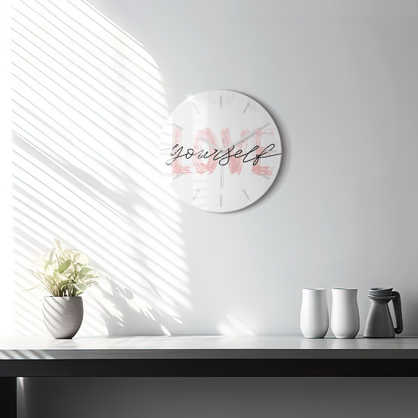 Round glass wall clock The inscription Love yourself