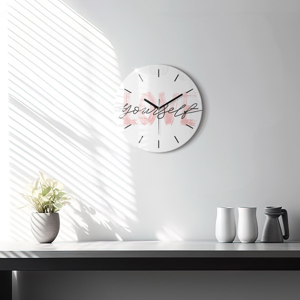 Round glass wall clock The inscription Love yourself