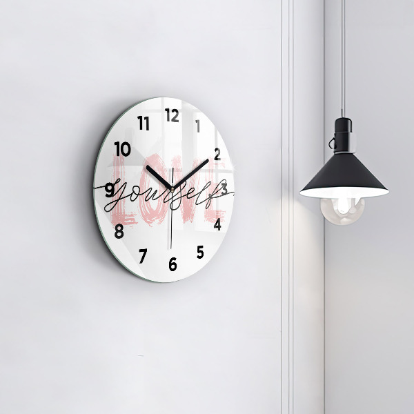 Round glass wall clock The inscription Love yourself