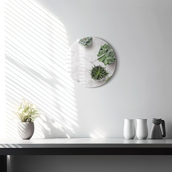 Round glass wall clock Ornamental plants
