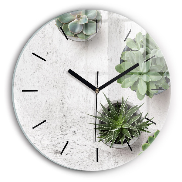 Round glass wall clock Ornamental plants