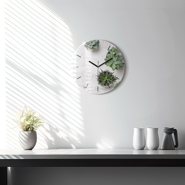 Round glass wall clock Ornamental plants