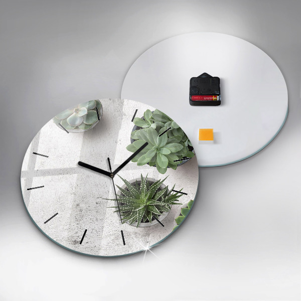 Round glass wall clock Ornamental plants