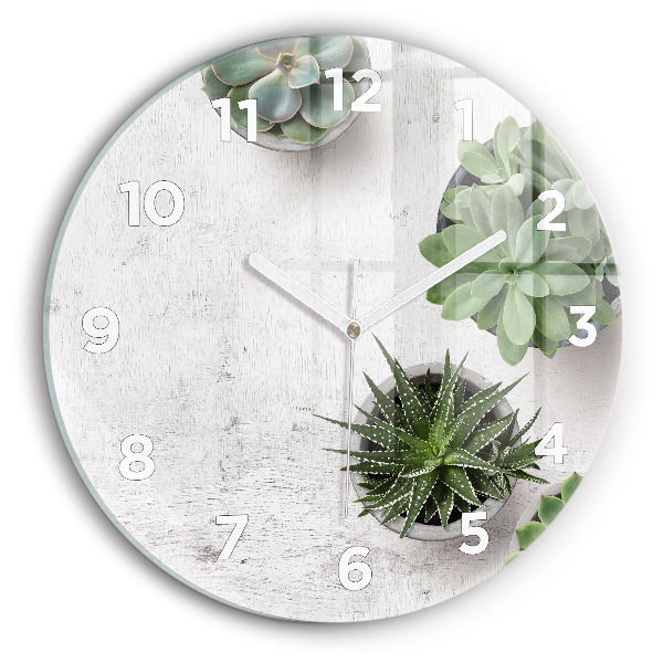 Round glass wall clock Ornamental plants