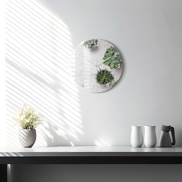 Round glass wall clock Ornamental plants