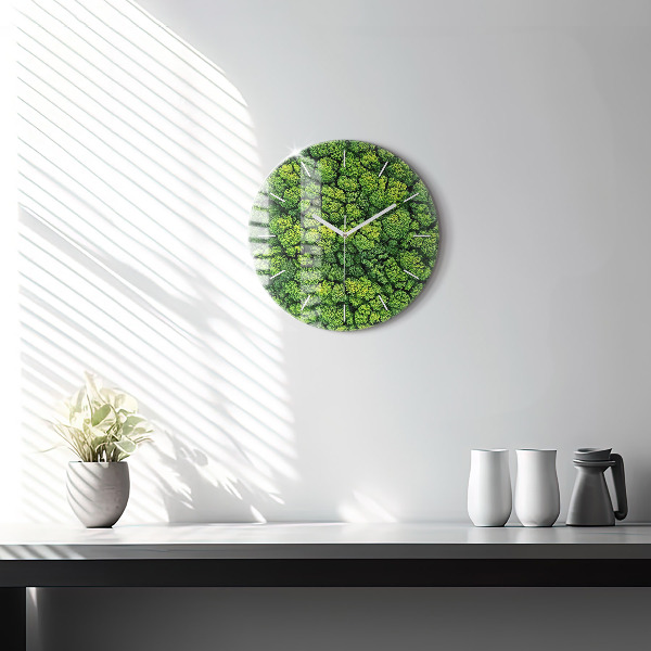 Round glass wall clock Forest from above