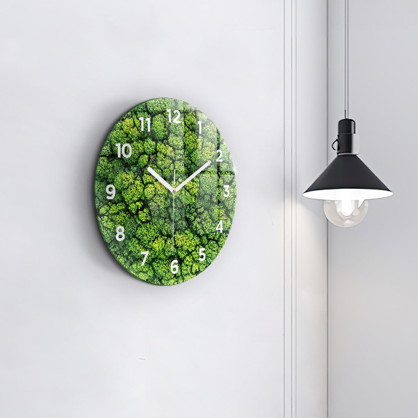 Round glass wall clock Forest from above