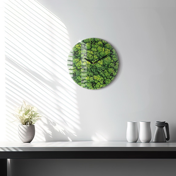 Round glass wall clock Forest from above