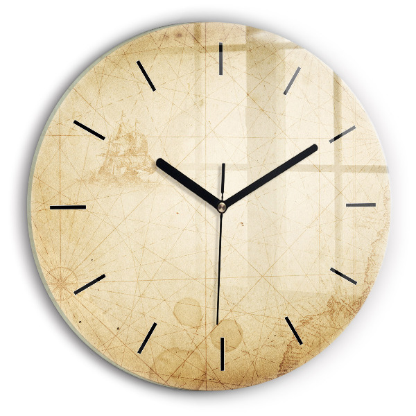 Round glass wall clock Old world map