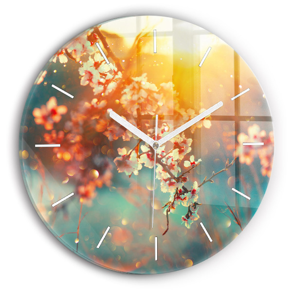 Round glass wall clock Spring flowers