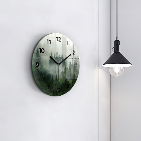 Round glass wall clock Misty forest