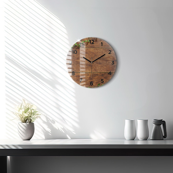 Round glass wall clock Rustic Wood