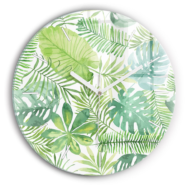 Round glass wall clock Green leaves