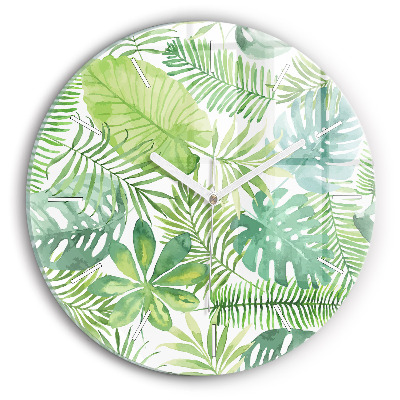 Round glass wall clock Green leaves