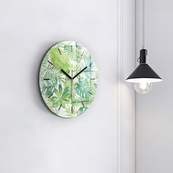 Round glass wall clock Green leaves