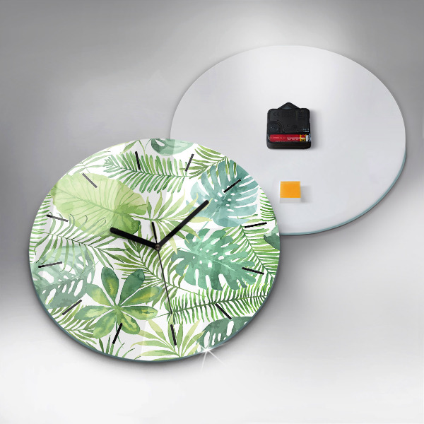 Round glass wall clock Green leaves