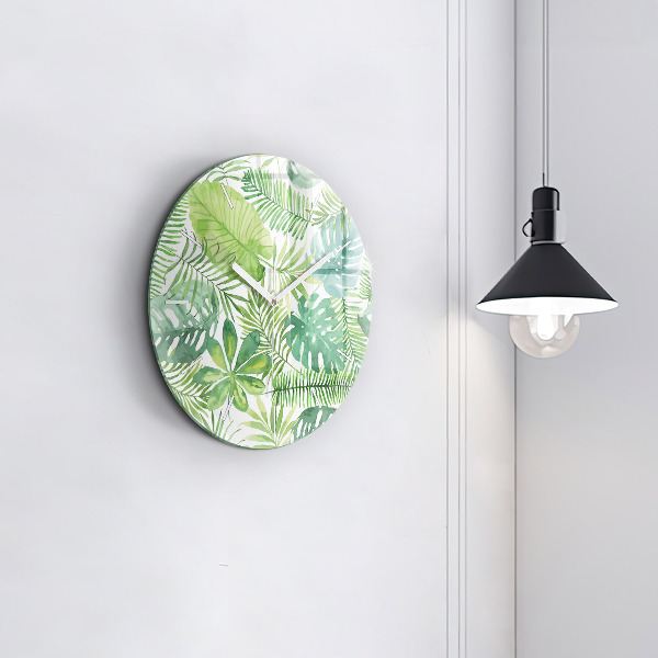 Round glass wall clock Green leaves