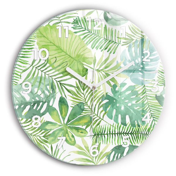 Round glass wall clock Green leaves