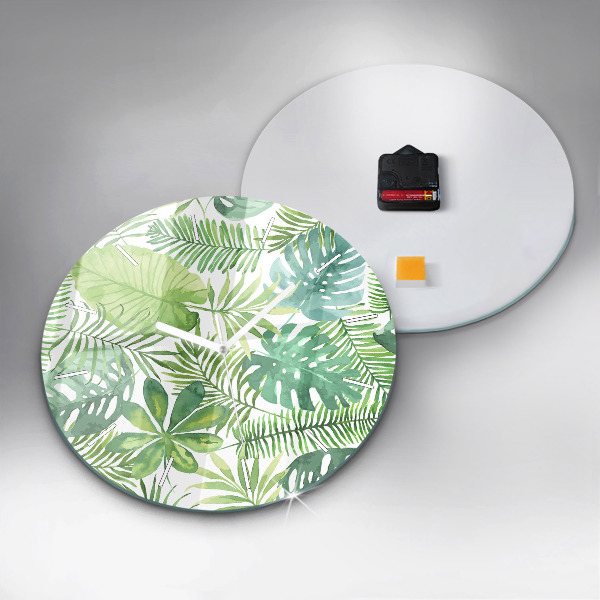Round glass wall clock Green leaves