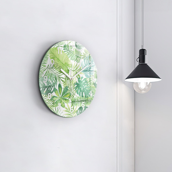 Round glass wall clock Green leaves