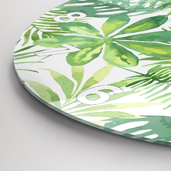 Round glass wall clock Green leaves
