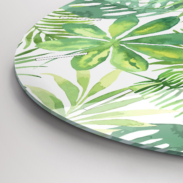 Round glass wall clock Green leaves