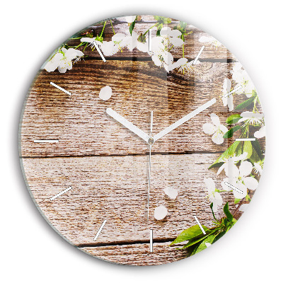 Round glass wall clock Flowers on wood