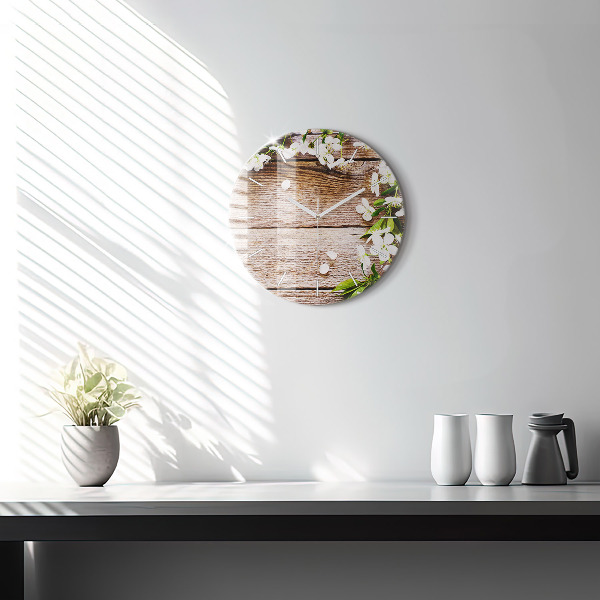 Round glass wall clock Flowers on wood
