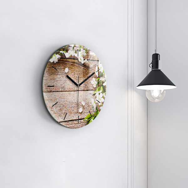 Round glass wall clock Flowers on wood