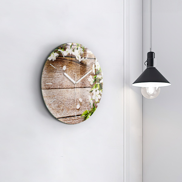 Round glass wall clock Flowers on wood