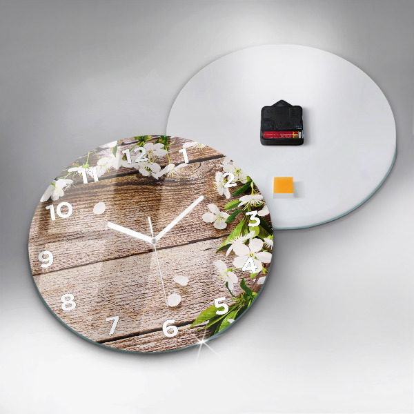 Round glass wall clock Flowers on wood