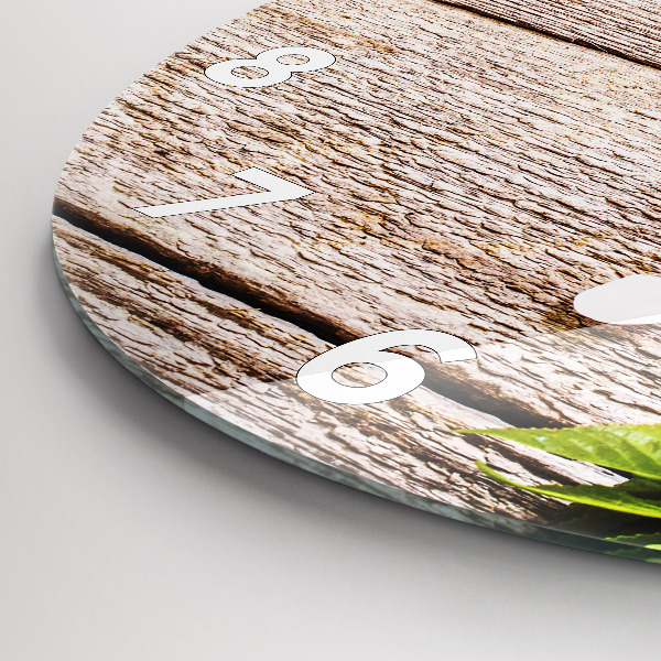 Round glass wall clock Flowers on wood