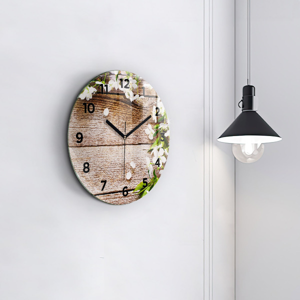 Round glass wall clock Flowers on wood