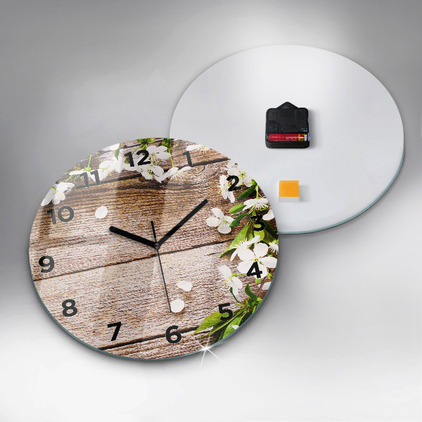 Round glass wall clock Flowers on wood