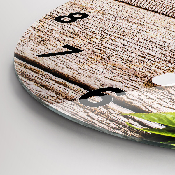 Round glass wall clock Flowers on wood