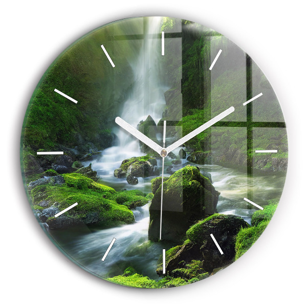 Round glass wall clock Waterfall and rocks