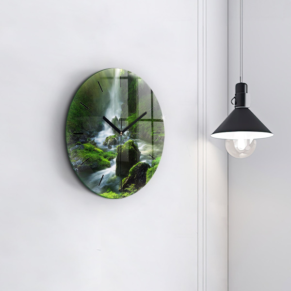 Round glass wall clock Waterfall and rocks