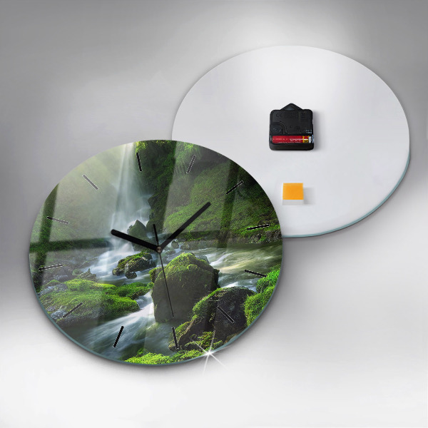 Round glass wall clock Waterfall and rocks