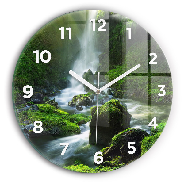 Round glass wall clock Waterfall and rocks