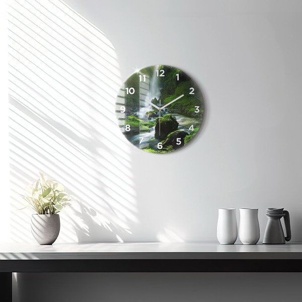 Round glass wall clock Waterfall and rocks