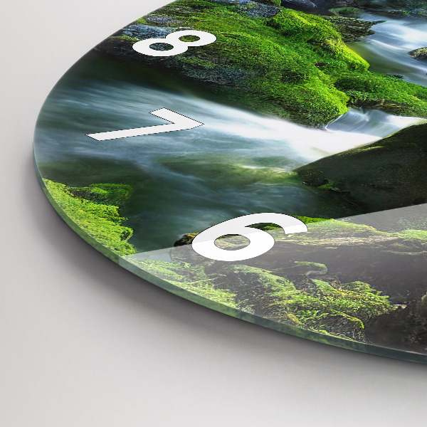 Round glass wall clock Waterfall and rocks