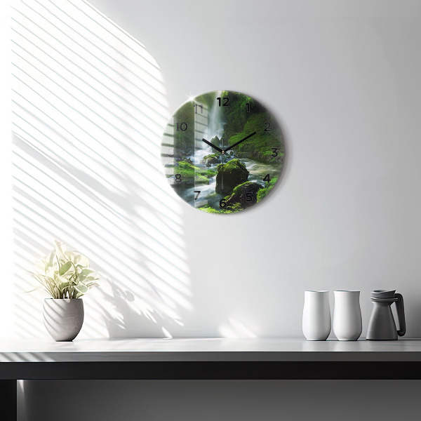 Round glass wall clock Waterfall and rocks