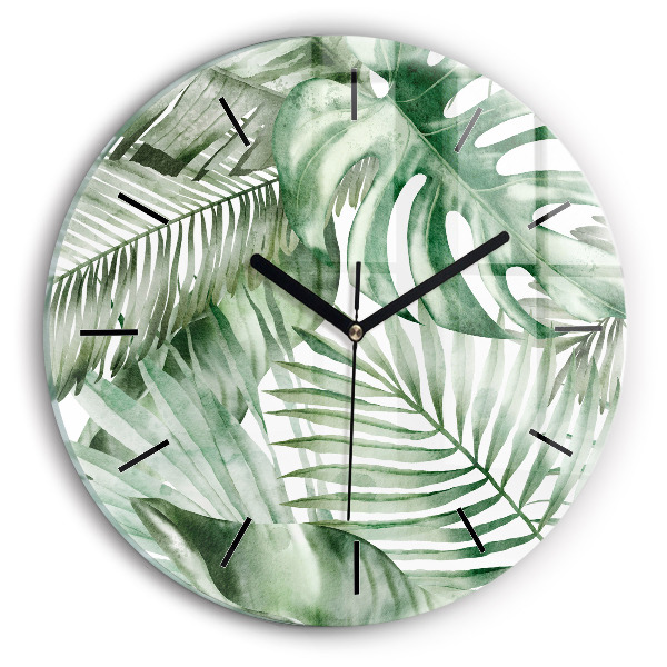 Round glass wall clock Painted plant leaves