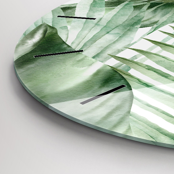 Round glass wall clock Painted plant leaves