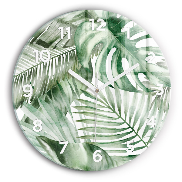 Round glass wall clock Painted plant leaves